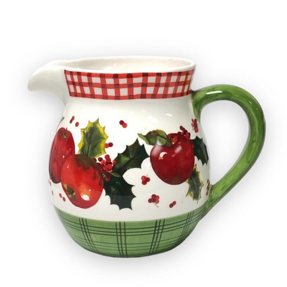 Hallmark Mitford Karon 48 oz Ceramic Pitcher Gingham Holly Berries Apples Plaid